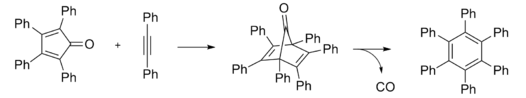 Hexaphenylbenzene may be prepared through a Diels-Alder reaction by refluxing tetraphenylcyclopentadienone and diphenylacetylene in benzophenone